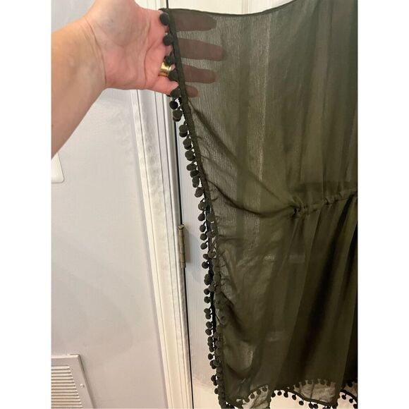 Bleu Rod Beattie Olive Sheer Pom Pom Trimmed Beach Swimsuit Cover Up sz M NWOT - Picture 3 of 6